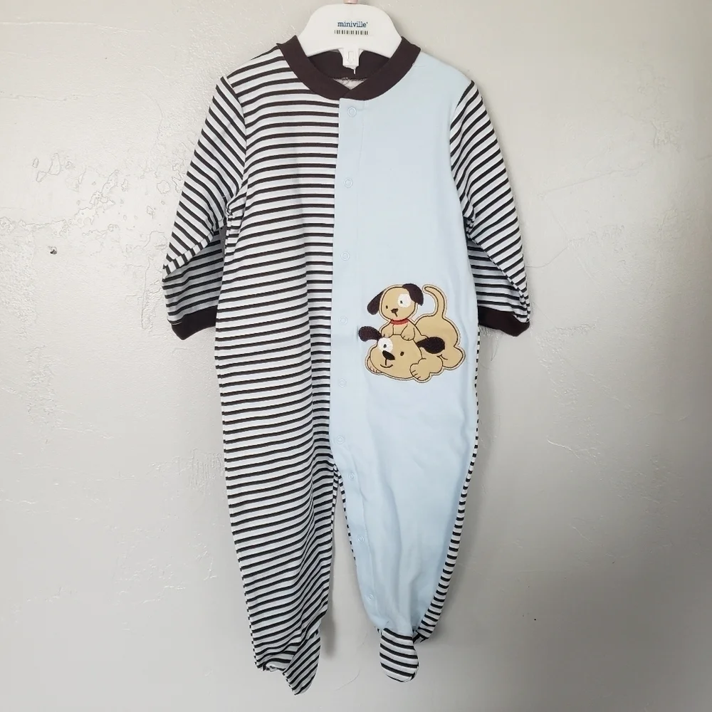 Babyworks NWOT Baby Boy 6-9 Months Blue Brown Footie Pajamas Dog Stripes PJs